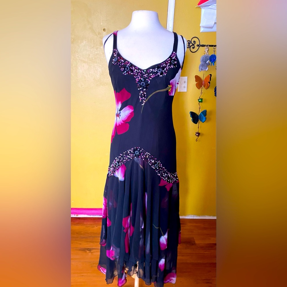 Y2K Midnight Velvet 1920’s - Inspired beaded Formal Dress Whimsey Goth - L